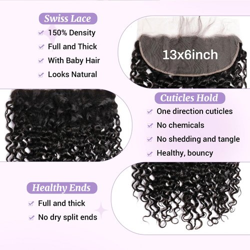 DSEKCAIN Water Wave HD Frontal 13x6 Lace Frontal HD Lace Water Wave Human Hair Transparent Closure 100% Raw Virgin Human Hair Free Part Natural Black Color 16 Inch