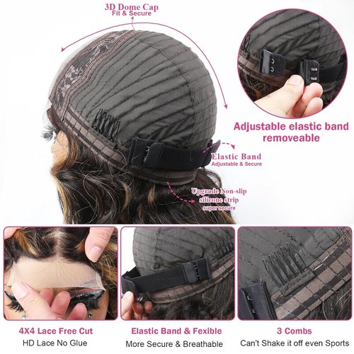 B-fashion Highlight Lace Front Wig Human Hair Pre Plucked 24 Inch Ombre 4x4 HD Lace Closure Wigs Human Hair Colored Body Wave Wear and Go Glueless Wigs Human Hair Pre Plucked Pre Cut 1B/27