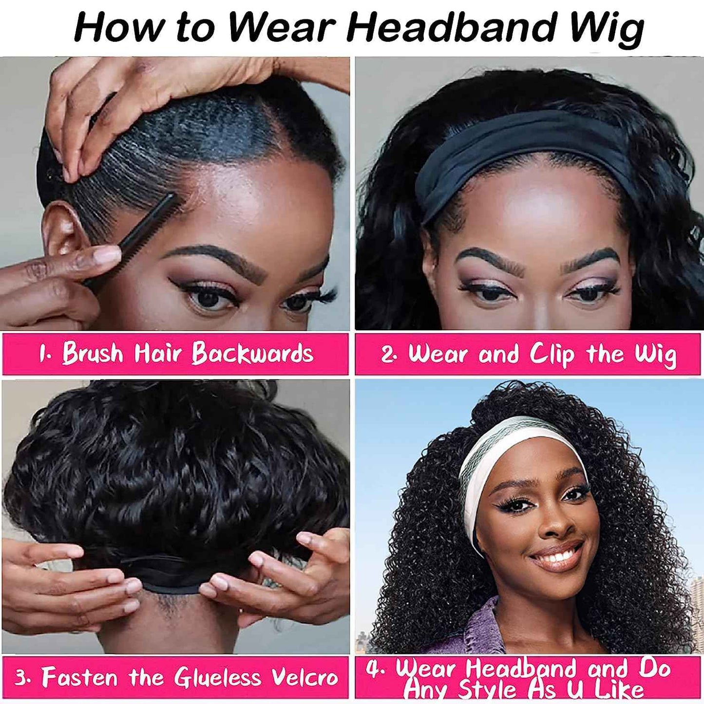 JCL Headband Wig Human Hair 14 Inch Deep Wave Headband Wigs Human Hair Wigs for Black Women Natural Color None Lace Front Wigs Glueless Wigs Human Hair