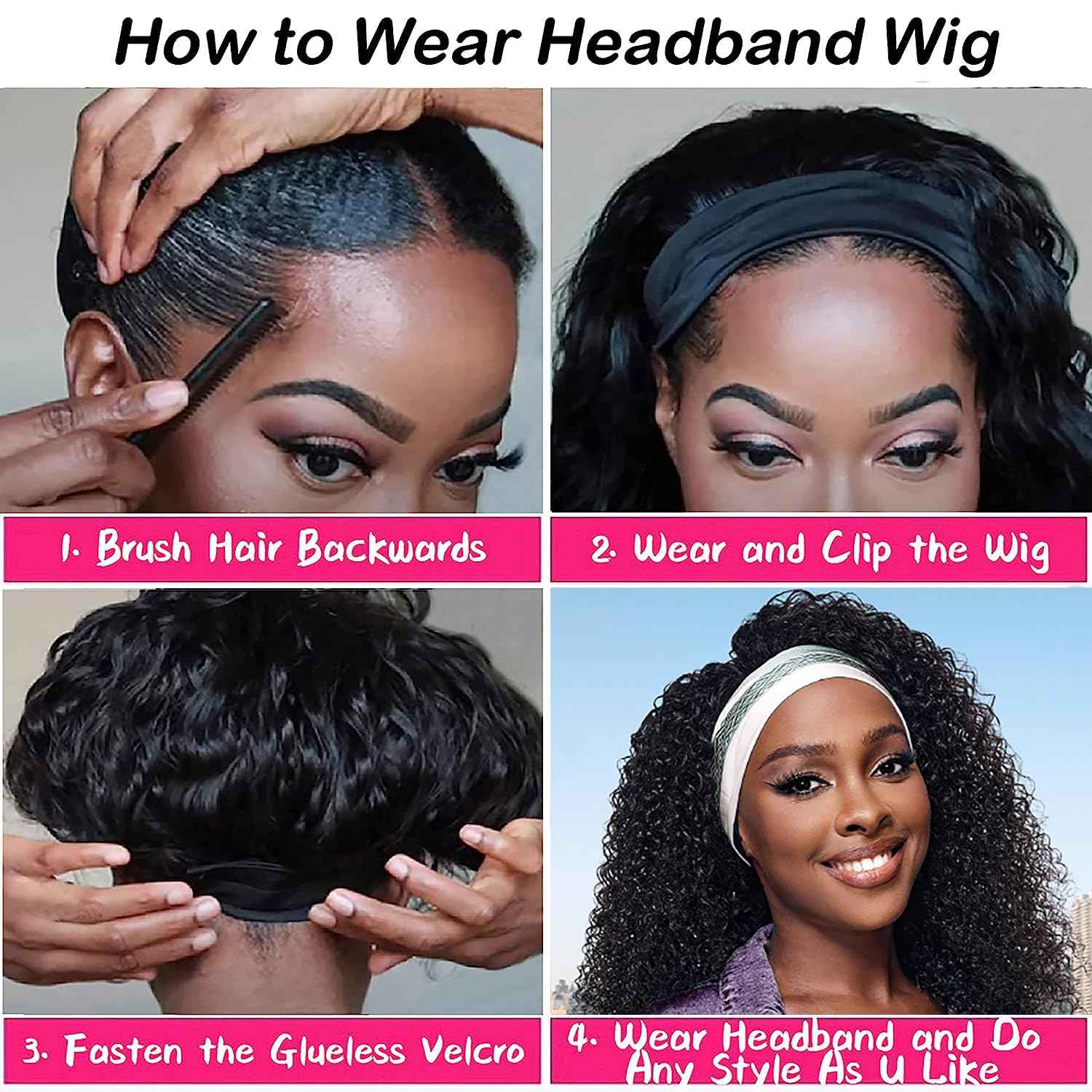 JCL Headband Wig Human Hair 14 Inch Deep Wave Headband Wigs Human Hair Wigs for Black Women Natural Color None Lace Front Wigs Glueless Wigs Human Hair