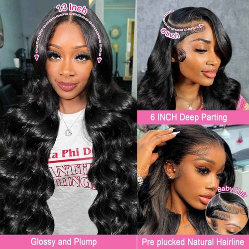 Leicymens 13x6 Lace Front Wigs Human Hair 180% Density HD Lace Frontal Wigs Body Wave Lace Front Wigs Human Hair Pre Plucked With Bleached Knots Black Body Wave Wig 22 Inch