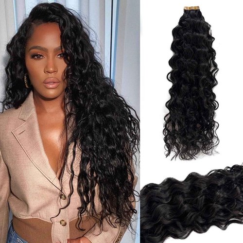 Invisible Tape in Hair Extensions Human Hair 24 Inch Water Wave Natural Black Tape in Extensions Human Hair 50grams 20pcs Full Head Curly Real Hair Extension Tape ins for Black Women