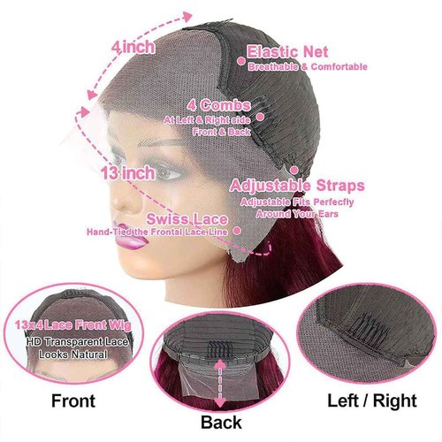 OOVVDA 32 Inch 99J Burgundy Lace Front Wig Human Hair 200 Density 13x4 HD Transparent Lace Body Wave Pre Plucked Wine Red Colored Glueless Wig for Women