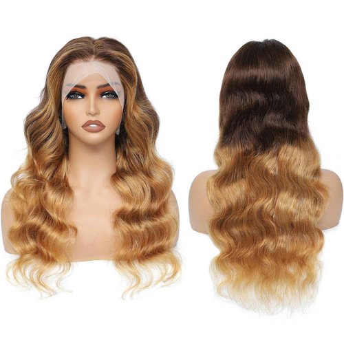 Ombre Lace Front Wig Human Hair 4/27 Colored 13x4 HD Transparent Lace Frontal Wigs Human Hair Glueless Highlight Honey Blonde Body Wave Frontal Wigs for Women Pre Plucked with Baby Hair 28 Inch