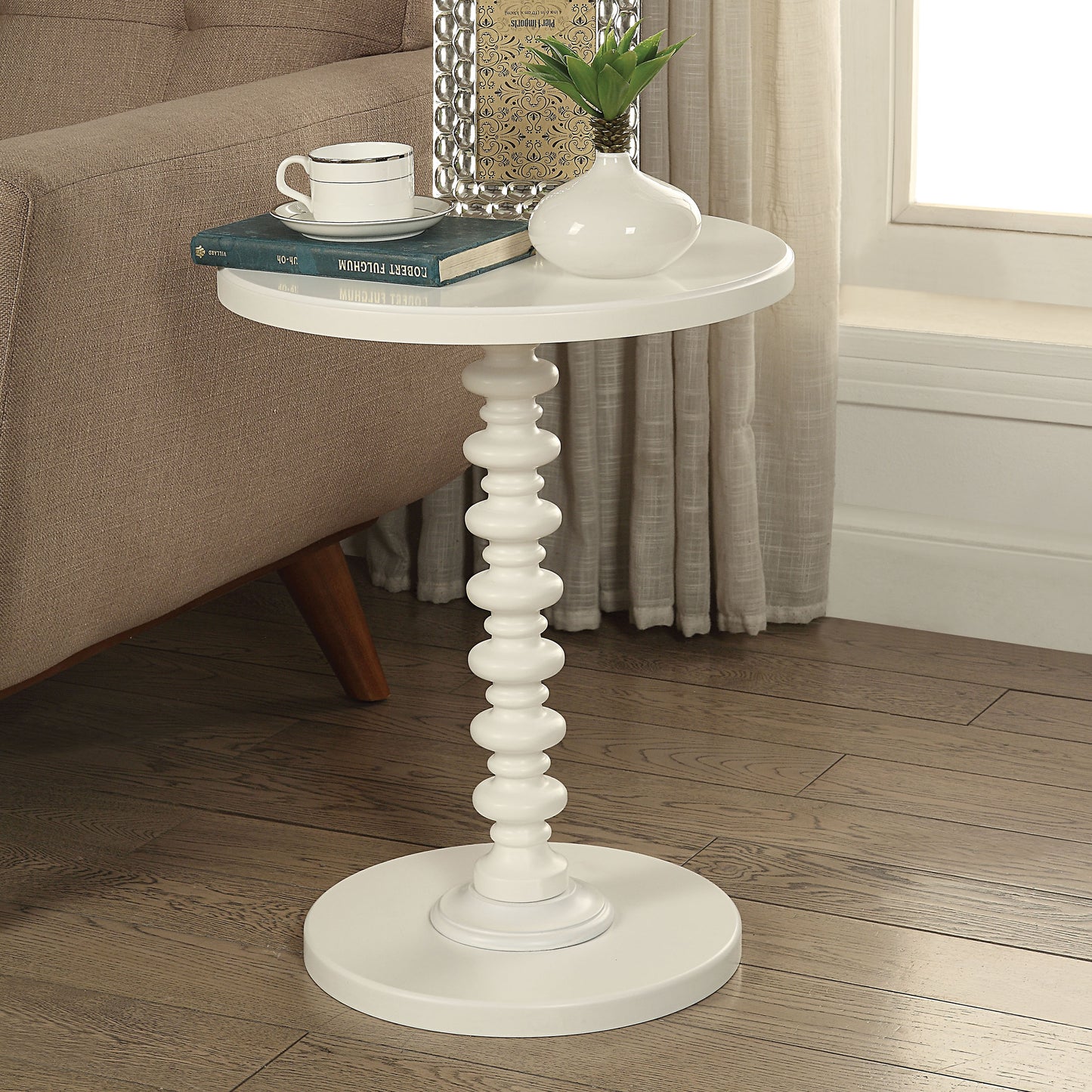 Round White Accent Table with Pedestal Base - Acton