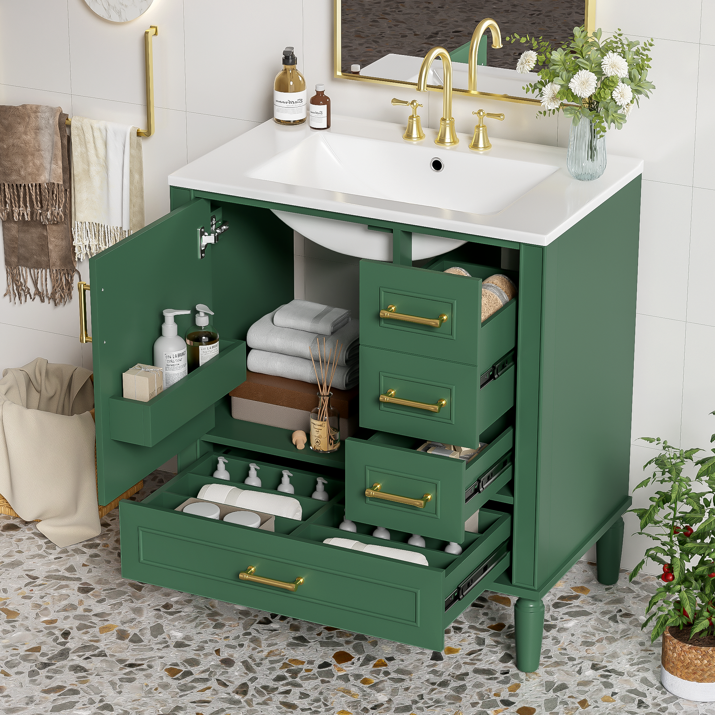 30" Green Bathroom Vanity Set with Soft Close Doors & Gold Handles