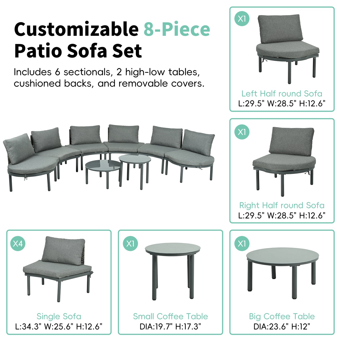 8-Piece Outdoor Sectional Sofa Set with 2 Coffee Tables - Gray