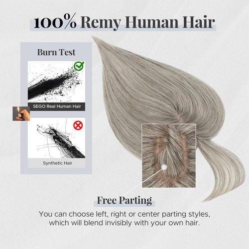 SEGOHAIR Human Hair Topper for Women, with Silk Base 3.94x4.72, 8 Inches, 4 Clips, for Thinning Hair, with Front Bangs, Salt and Pepper Color, Natural Look