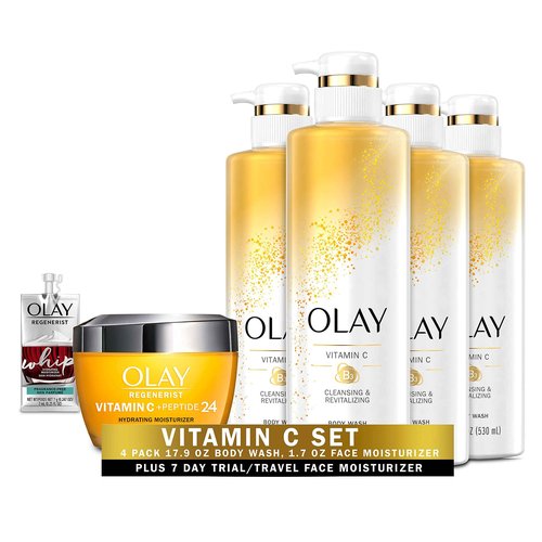 Olay Regenerist Vitamin C + Peptide 24 Brightening Face Cream (1.7 Oz) + Travel Size Whip Face Moisturizer and Cleansing & Brightening Body Wash with Vitamin C and Vitamin B3, 17.9 Fl Oz (Pack of 4)