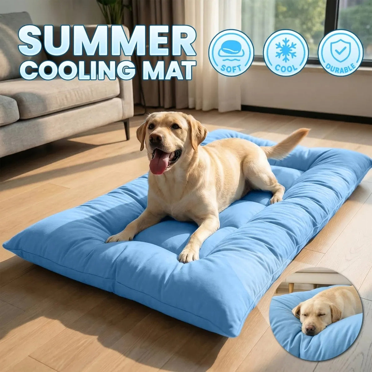 Large Cooling Dog Sofa Bed with Plush Mat, 8 Compartments, Non-Slip Base - Blue