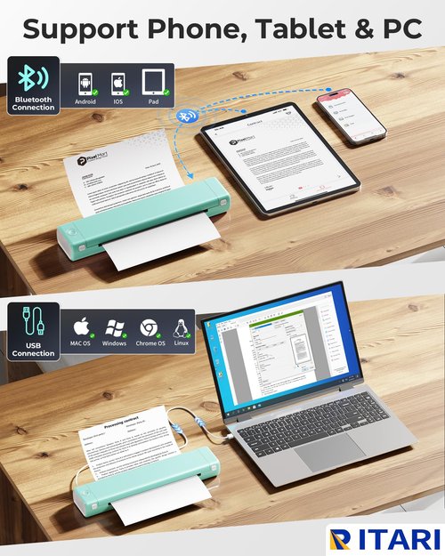 Itari M08F Portable Printers Wireless Travel - Thermal Bluetooth Mobile Printer for Phone & Tablet & Laptop, Mini Compact Small Inkless Printer for Vehicle Home Use School Office, 8.5" X 11" Paper