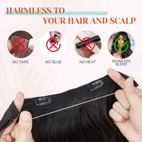 Benehair Halo Hair Extensions Real Human Hair, Halo Hair Extension 100% Human Hair, Wavy Halo Extensions Human Hair, Curly Human Hair Halo Extensions, Wire Hair Extension, Natural Black 60g/14inch