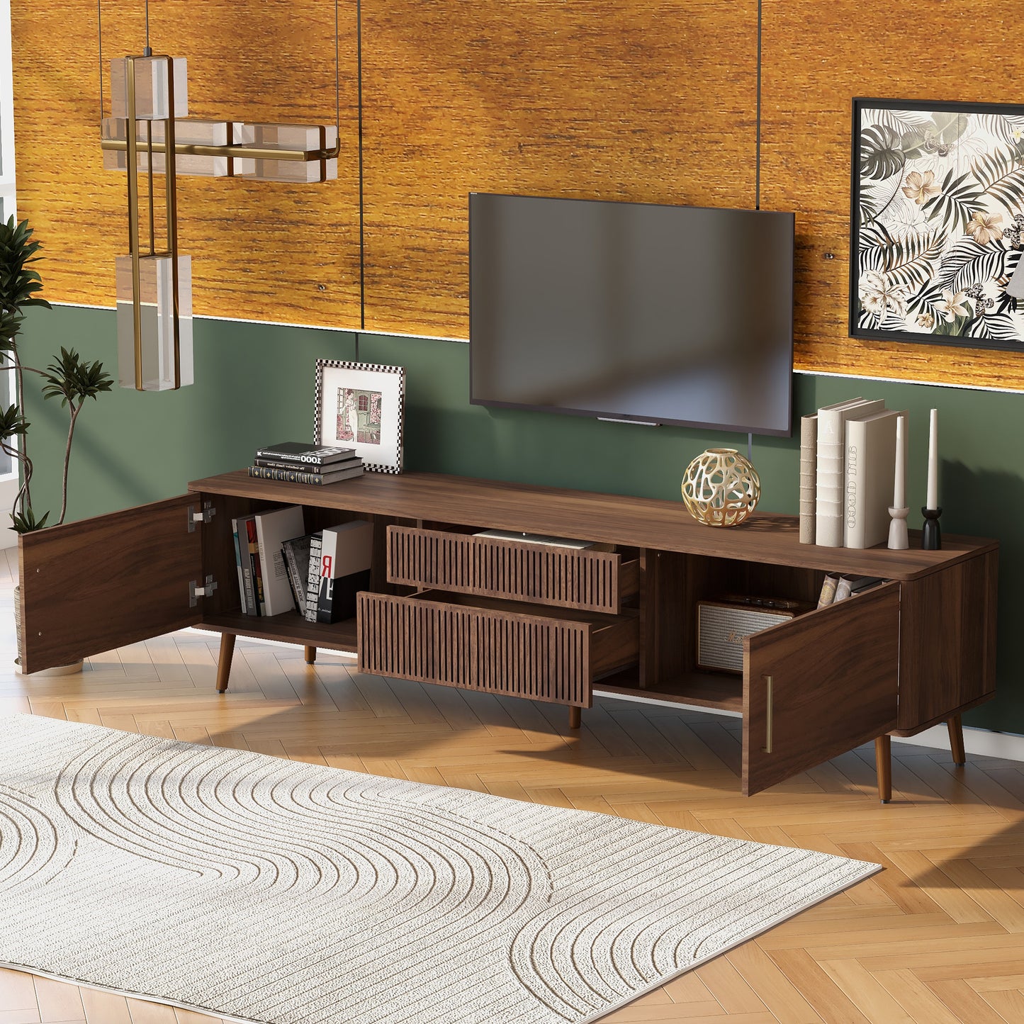 Mid Century TV Stand with 2 Drawers for TVs Up to 80'' - Walnut