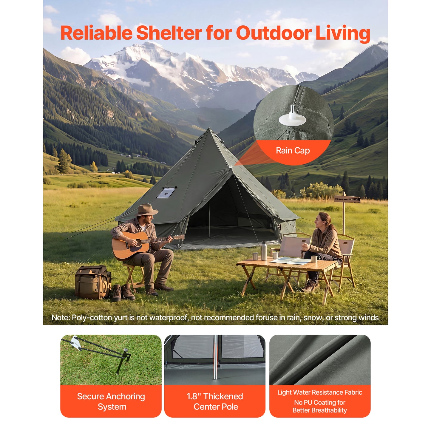Canvas Bell Tent for Camping - 4 Seasons Yurt Tent with Stove Jack, Holds 3 Persons, Breathable & Detachable Floor