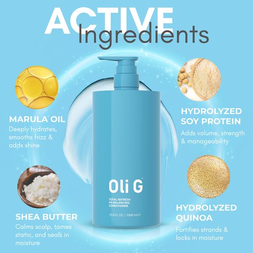 Oli G Total Refresh pH Balancing Hair Conditioner – Lightweight Daily Conditioner for All Hair Types – With Marula Oil, Shea Butter, Botanical Proteins – Detangles, Softens & Smooths – 38.8 fl oz