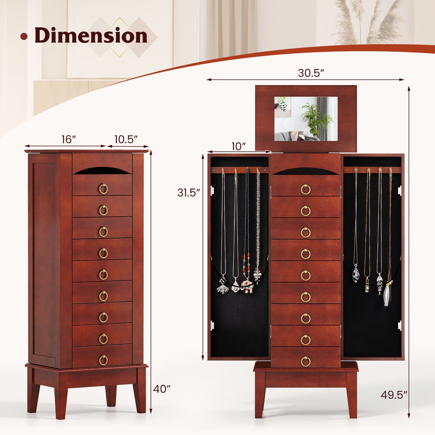 Jewelry Storage Cabinet with 9 Drawers and Flip Top Mirror