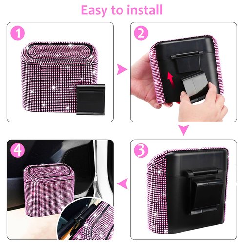 Accmor Bling Car Trash Can with Lid, Vehicle Trash Bin Car Dustbin Garbage Organizer Storage, Sparkling Crystal Mini Auto Trash Bags Holder Container with 30pcs Garbage Bags for Cars, SUV, Truck