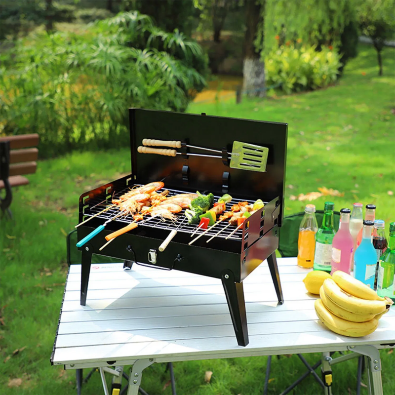 Portable Charcoal Grill with Adjustable Height - Black
