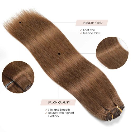 Sisily Clip in Hair Extensions Real Human Hair, 20 inch 160g, Medium Light Brown, 100% Brazilian Remy Human Hair Clip in Extensions Soft Straight 7pcs Per Set with 16 Clips Double Weft