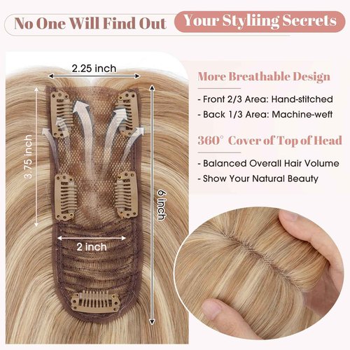 Hairro Human Hair Topper without Bangs, Clips on 360° 3D Cover Real Hairpieces Lightweight, 2.25"x6" Base for Women with High Hairline/Thinning Hair, 14 Inch Golden Brown Mix Bleach Blonde No Bangs