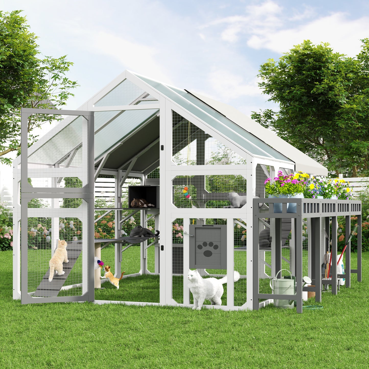Large Outdoor Cat House With Planter Stand, Wooden Enclosure Resting