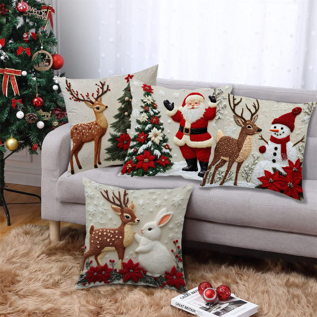 Festive Elk Rabbit Holiday Pillow Cover - Christmas Linen Cushion Decor