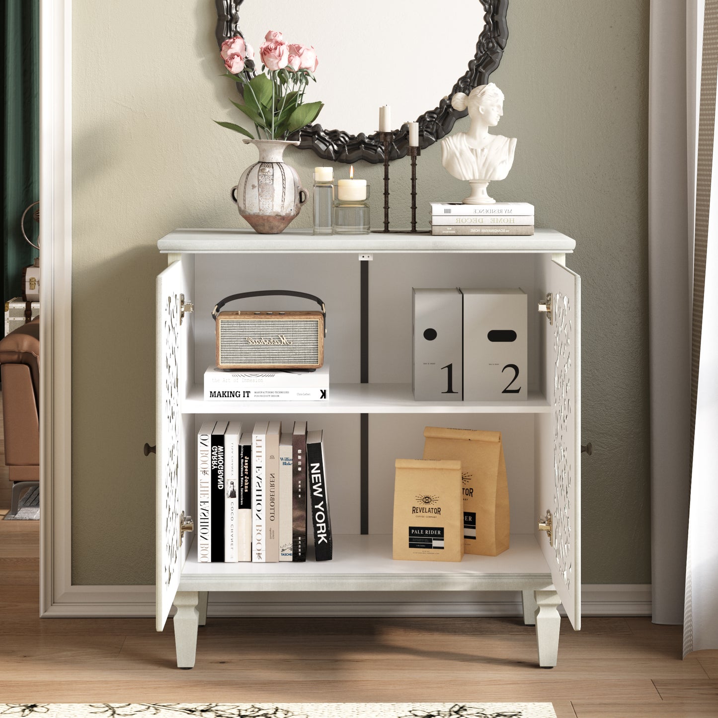 Vintage Hollow-Carved Accent Cabinet - 2-Door Display Sideboard