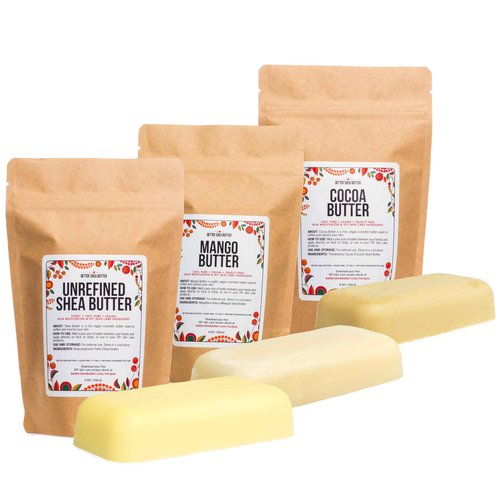 Better Shea Butter Set of Raw Shea Butter, Raw Mango Butter, Unrefined Cocoa Butter For Soap Making and DIY Body Butters, Lip Balms, Body Lotions - Each Jar is 8 oz Making 24 oz Total (3-Bar Set)