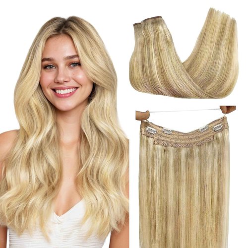 GOO GOO Wire Hair Extensions Human Hair, 16/22 Light Blondewith mix Golden Blonde Highlighted 18inch 95g, Invisible Wire Hair Extensions with Transparent, Seamless Fish Line Hairpiece