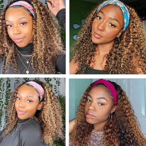 Ombre Highlight Headband Wig Human Hair #4/27 Colored Kinky Curly Headband Wig for Black Women Glueless None Lace Front Human Hair Wigs Brazilian Virgin Hair Wear and Go Wigs 150% Density 26 Inch