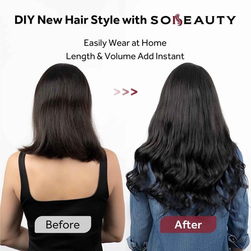 SoBeauty Clip in Hair Extensions Real Human Hair, Jet Black 100% Human Hair Extensions Clip in, Tangle-free Silky Straight Hair Extensions for Women, #1 16Inch 120G 7PCS