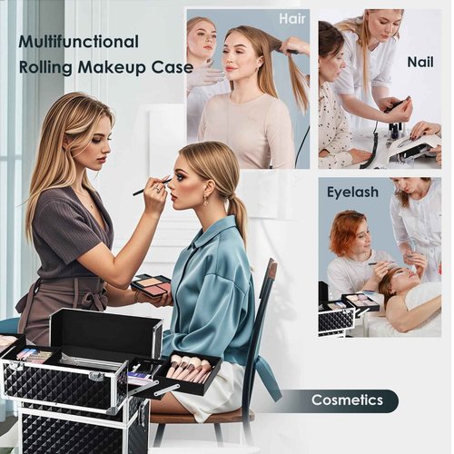 Yueieoun Makeup Train Case,3 in 1 Large Rolling Makeup Case, Barber Travel Cosmetology Case Professional Nail Cart Organizers Cosmetic Cases Beauty Salon Lockable Trolley for Hairstyle,Tattoo,Manicure