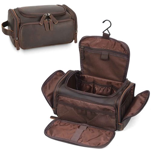 Polare Full Grain Leather Toiletry Case Bag Travel Dopp Kit Organizer Hanging Makeup Cosmetic Shaving Kit Wash Case for Men