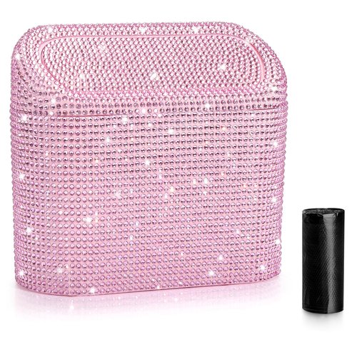 Accmor Bling Car Trash Can with Lid, Leak-Proof Mini Vehicle Trash Bin Automotive Dustbin Organizer Storage, Sparkling Crystal Trash Bag Container with 30pcs Garbage Bags for Car, Home, Office (Pink)