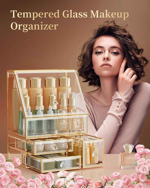 CoralHouse Makeup Organizer for Vanity, Clear Makeup Organizer with Drawer, Skincare Holder for Bathroom Countertop,Cosmetic Display Case for Dresser