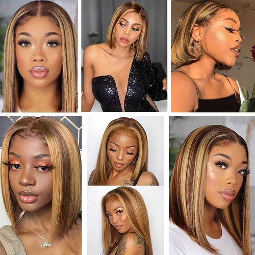 Bob Wig Human Hair Highlight 13x4 Lace Front Wigs Honey Blonde Straight Bob Frontal Wigs Wear and Go Glueless Human Hair Bob Wigs Pre Plucked with Baby Hair for Black Women 4/27 Color 12inch