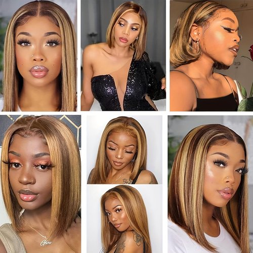 Highlight Bob Wig Human Hair Ombre Honey Blonde 13x4 Lace Frontal Wigs for Black Women 4/27 Bob Lace Front Wig Brazilian Virgin Human Hair Bob Wig 180% Density Pre Plucked with Baby Hair 14inch