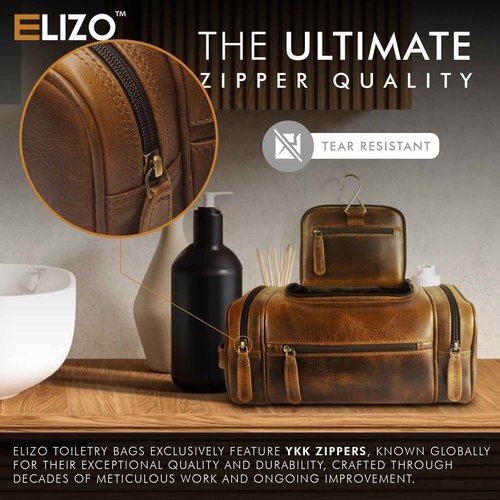 ELIZO Genuine Leather Toiletry Bag for Men Mens Toiletry Bags for Traveling Waterproof Hanging Leather Dopp Kit w/Hook Extra largeToiletry Bag Travel Organizer for Toiletries