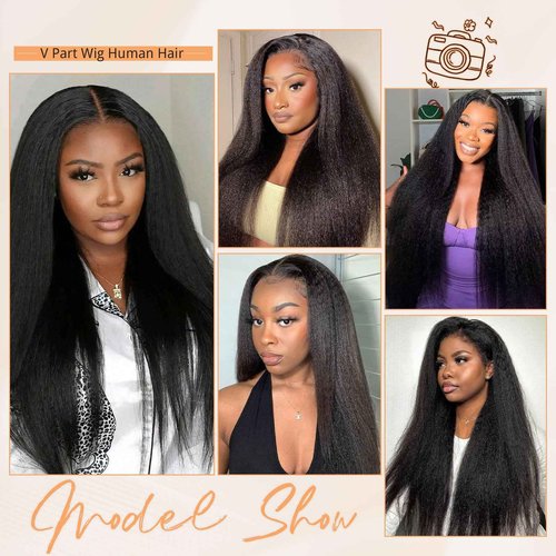 MOOTAFUL V Part Human Hair Wig Kinky Straight V Part Wig Human Hair for Black Women 18 Inch Glueless Wigs Clip Upgrade Natural Beginner Friendly Middle Part 200% Density
