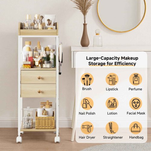 DongRong Makeup Organizer Cart, Rolling Floor Skincare Organizer and Storage with 2 Wooden Drawers, Cosmetics Display Cases Holder for Skin Care Perfume Hair Tools Nail Polish