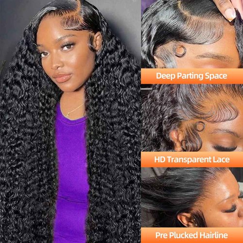 COLORSUPIDOL 32 Inch Deep Wave Lace Front Wigs Human Hair 200 Density 13x4 HD Transparent Lace Frontal Wigs Human Hair Pre Plucked Deep Curly Glueless Wigs for Black Women Natural Color