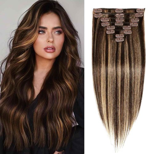 Balayage Dark Brown to Chestnut Brown Real Human Hair Clip ins Remy Invisible Hair Extensions Natural Straight Seamless Hair Extensions 8pcs Double Weft 18 Inch 100g