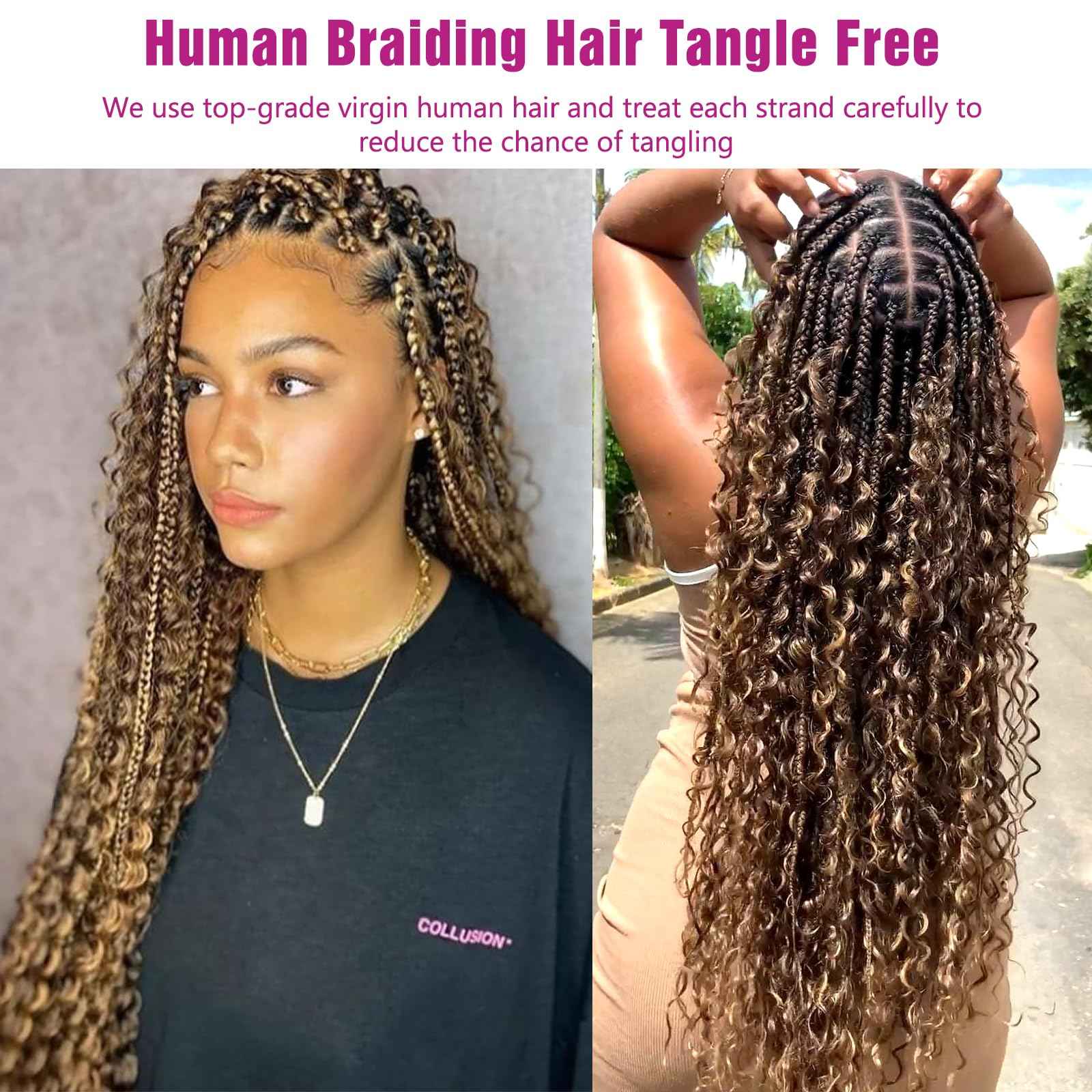 4/27 Honey Blonde Human Braiding Hair Deep Wave Bulk Human Hair,Highlight No Weft Curly Braiding Hair Extensions for Boho Braids Wet and Wavy Braiding Human Hair Bundles(24inch,4/27,100g)