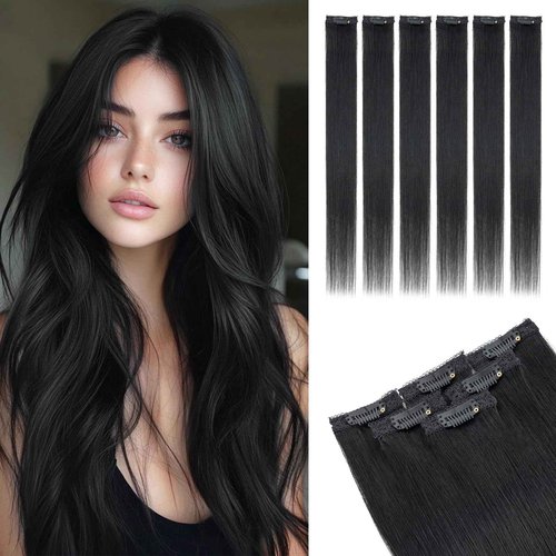 Rich Choices Real Human Hair Clip In Extensions-6 Pcs Single Clip Design-100% Remy Hairs Invisible Clip in Extensions for Thin Hair-Seamless Hairpieces for Women/Men-20 Inches #1Jet Black