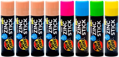 Sun Zapper Zinc Stick Mineral Sunscreen (Light Skin Tone, Pink, Blue, Green, Yellow) SPF 50+ Water Resistant for Face & Body, Adults, Kids, 8-Pack Broad Spectrum Sun Block, Made in Australia