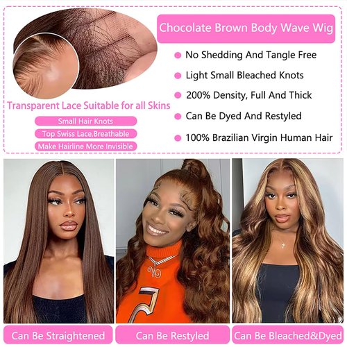 200% Density Chocolate Brown Lace Front Wigs Human Hair for Women 13x4 HD Lace Frontal Body Wave Lace Frontal Wigs Human Hair Pre Plucked with Baby Hair 28 Inch so Thick #4 colored