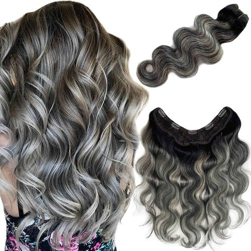 Body Wave Clip in Hair Extensions Real Human Hair, 16” One Piece V Shaped Human Hair Clip in Extensions for Black Women Balayage Natural Black to Grey Remy Hair Clip ins Extensions Clip ins Hair Weft