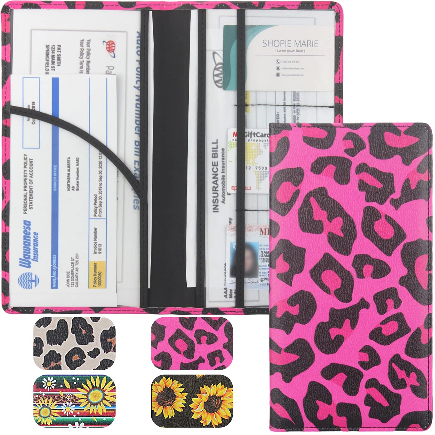 LumiMokki Premium Car Registration & Insurance Card Holder with Magnetic Shut, Vehicle Glove Box Car Organizer - For Documents, Cards, License (Leopard B)