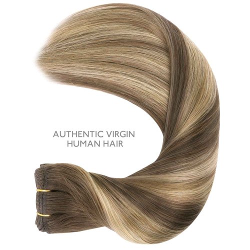 WENNALIFE Sew in Hair Extensions Real Human Hair, 20 Inch 100g Balayage Chocolate Brown to Caramel Blonde Machine Weft Remy Hair Hand Tied Weft Straight Extensiones De Cabello Hmano