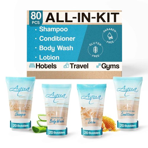 Aqua Organics Hotel Soaps & Toiletries Bulk Set | 1-Shoppe Amenities Kit | 1oz Shampoo & Conditioner, Body Wash, Lotion | Travel Size | 80 Pieces